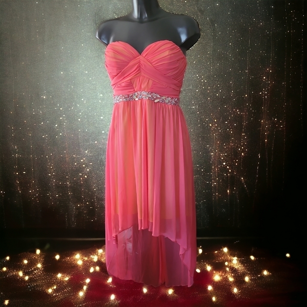 SALE!  City Studio coral rhinestone ruched high-low gown with tail yellow lining